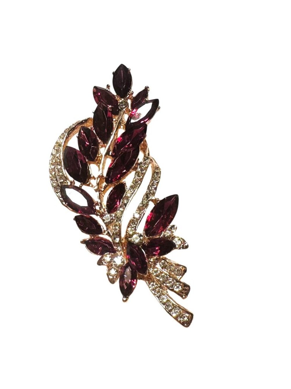 Red & Gold Leaf Rhinestone Brooch Pin 3.5 Inches Elegant